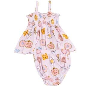 ANGEL DEAR Smocked Top & Bloomer, Groovy Vibes Stickers Pink NWT size 18-24 m